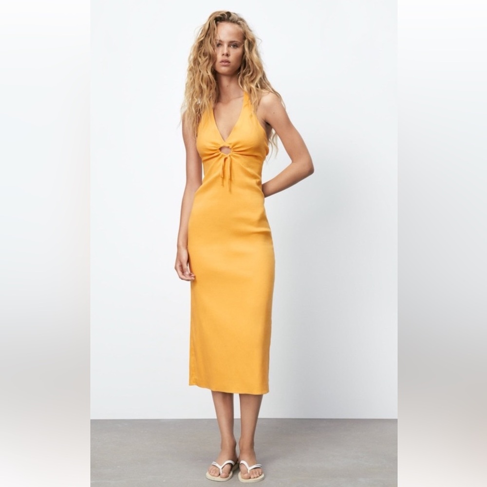 Light orange Zara Halter Backless Midi Dress Cut Out Linen Blend size M